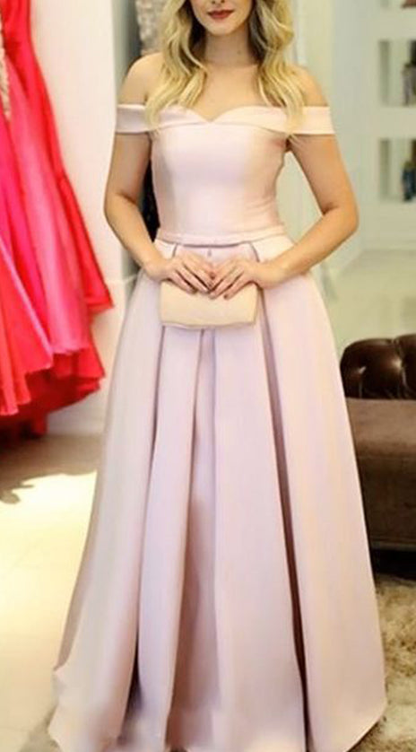 MACloth Off the Shoulder Satin Long Prom Dress Blush Pink Formal Evening Gown