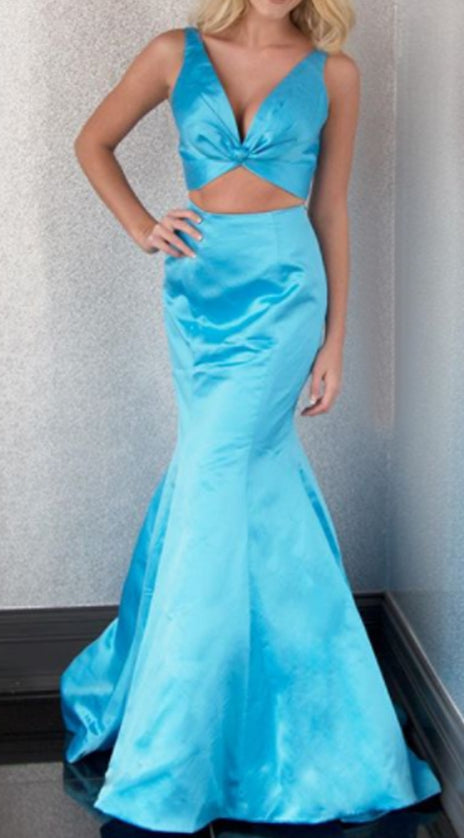 MACloth Mermaid 2 Piece Satin Long Prom Dress Blue Formal Evening Gown