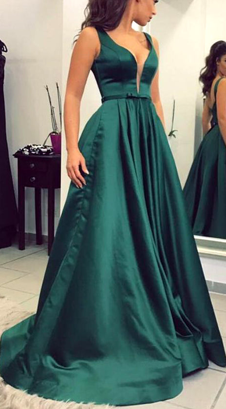 MACloth Straps Deep V Neck Satin Long Prom Dress Dark Green Formal Evening Gown