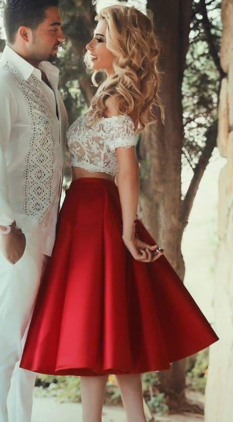 MACloth Two Piece Off the Shoulder Short Prom Homecoming Dress Red Lace Satin Wedding Party Dress