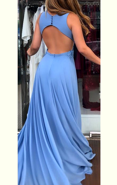 MACloth Deep V Neck Chiffon Lace Long Prom Dress Blue Formal Evening Gown