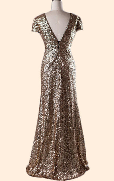 MACloth Cap Sleeves V Neck Sequin Long Bridesmaid Dress Gold Formal Evening Gown 10803