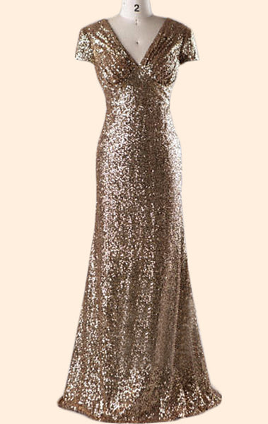 MACloth Cap Sleeves V Neck Sequin Long Bridesmaid Dress Gold Formal Evening Gown 10803