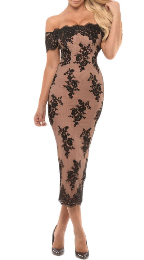 MACloth Off the Shoulder Lace Midi Prom Dress Tea Length Cocktail Dresses