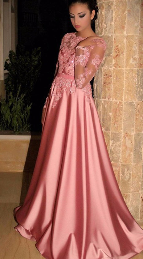 MACloth Long Sleeves Lace Satin Maxi Prom Dress Pink Formal Evening Gown