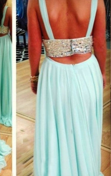 MACloth Deep V Neck Chiffon Mint Long Prom Dress Cut Out Formal Evening Gown