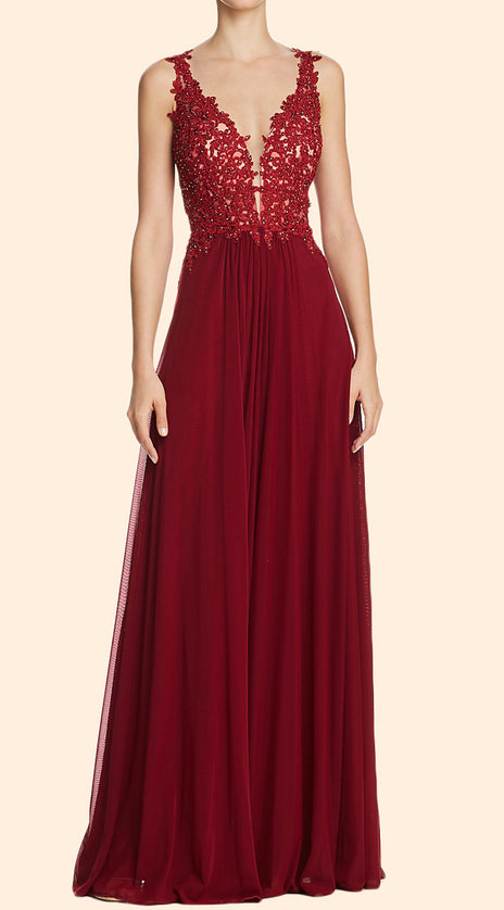 MACloth Lace Straps Deep V Neck Long Prom Dress Burgundy Formal Evening Gown 10810
