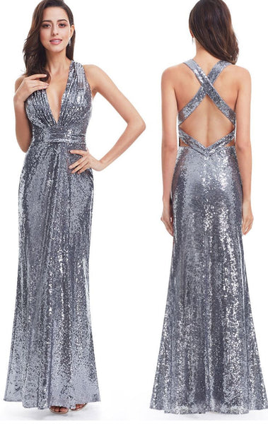 MACloth Halter Deep V Neck Sequin Long Bridesmaid Dress Gray/Rose Gold Formal Evening Gown