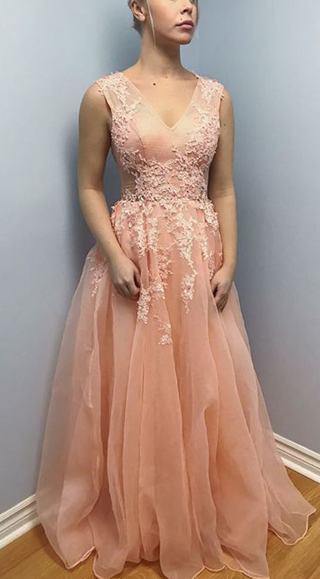 MACloth Straps V Neck Lace Organza Long Prom Dress Peach Formal Evening Gown