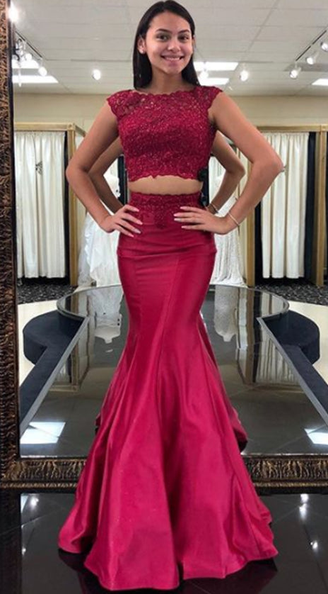 MACloth Mermaid 2 Piece Lace Satin Long Prom Dress Wine Red Formal Evening Gown