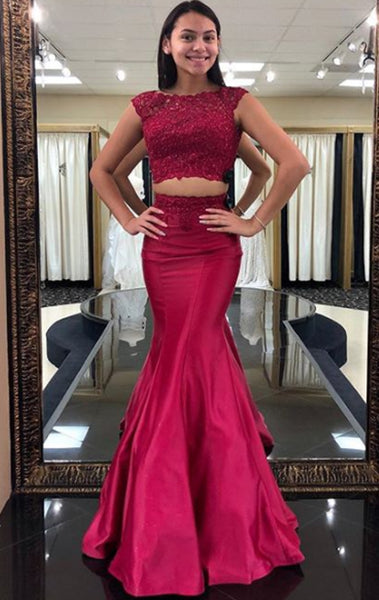 MACloth Mermaid 2 Piece Lace Satin Long Prom Dress Wine Red Formal Evening Gown