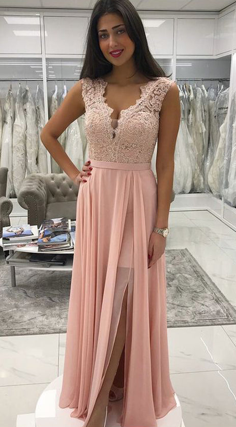 MACloth V Neck Lace Chiffon Long Prom Dress Pink Formal Evening Gown