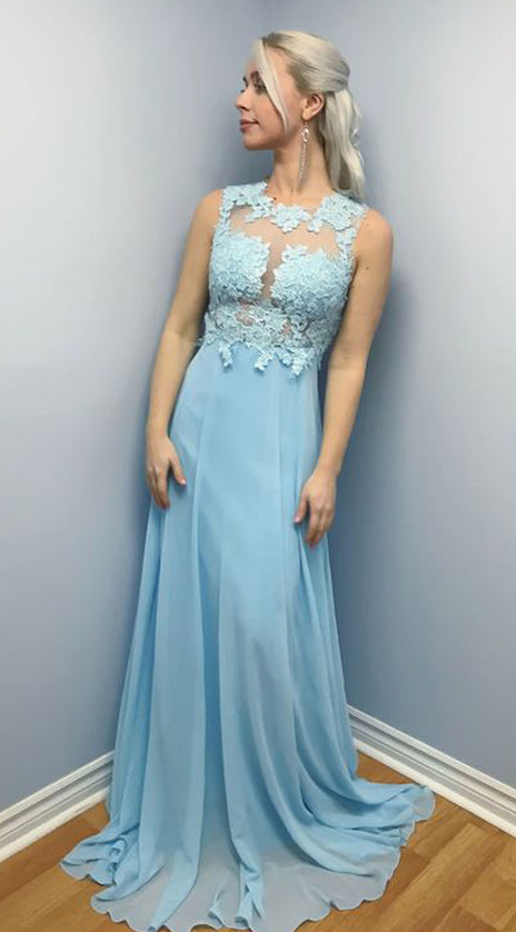 MACloth Straps O Neck Lace Chiffon Long Prom Dress Sky Blue Formal Evening Gown