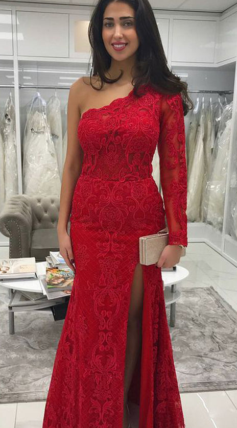 MACloth Sheath Long Sleeves One Shoulder Lace Prom Dress Red Wedding Party Evening Formal Gown