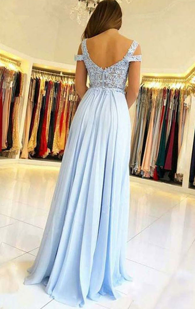 Macloth Long Sleeves Gold Lace Satin Prom Dress Sky Blue Formal Evening Gown US14 / Custom Color