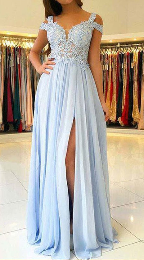 MACloth Off the Shoulder Lace Chiffon Long Prom Dress Sky Blue Formal Evening Gown