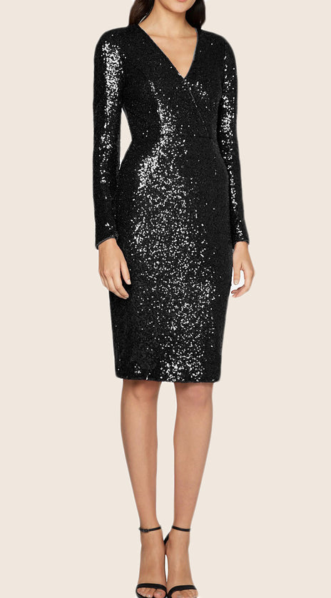 MACloth Long Sleeves Sequin Cocktail Dress with Open Back Midi Formal Gown