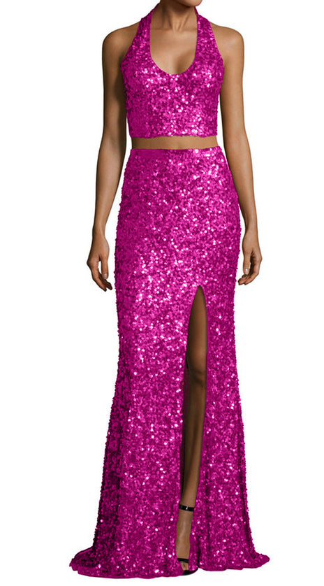 MACloth Mermaid Two Piece Sequin Long Prom Dress Fuchsia Evening Formal Gown