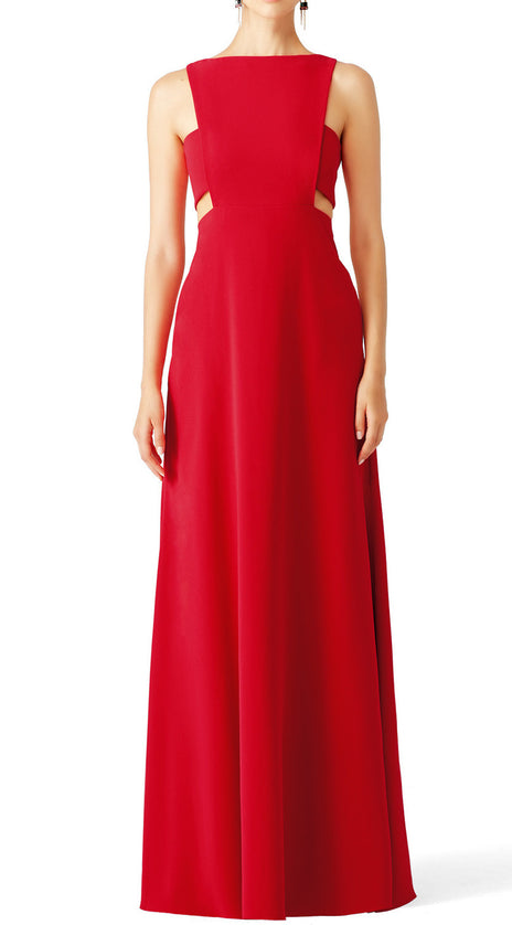 MACloth Straps O Neck Red Cut Out Long Evening Formal Gown Simple Prom Dress