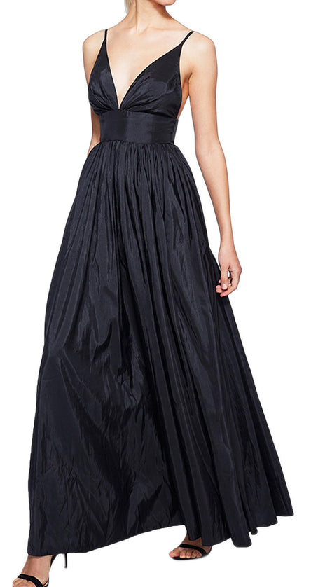 MACloth Straps V Neck Taffeta Black Formal Gown Simple Prom Dress