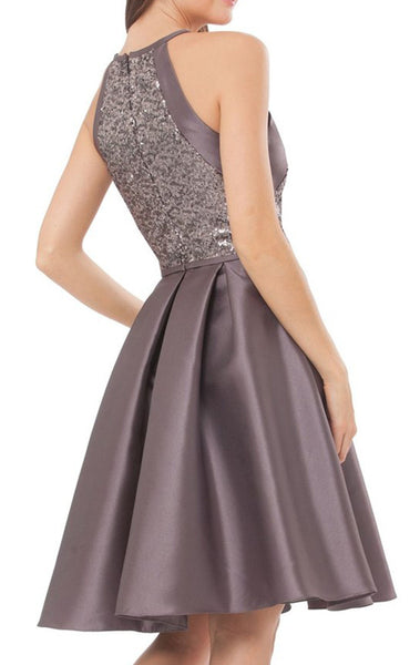 MACloth Halter Sequin Satin Gray Cocktail Dress Simple Mini Prom Homecoming Dress