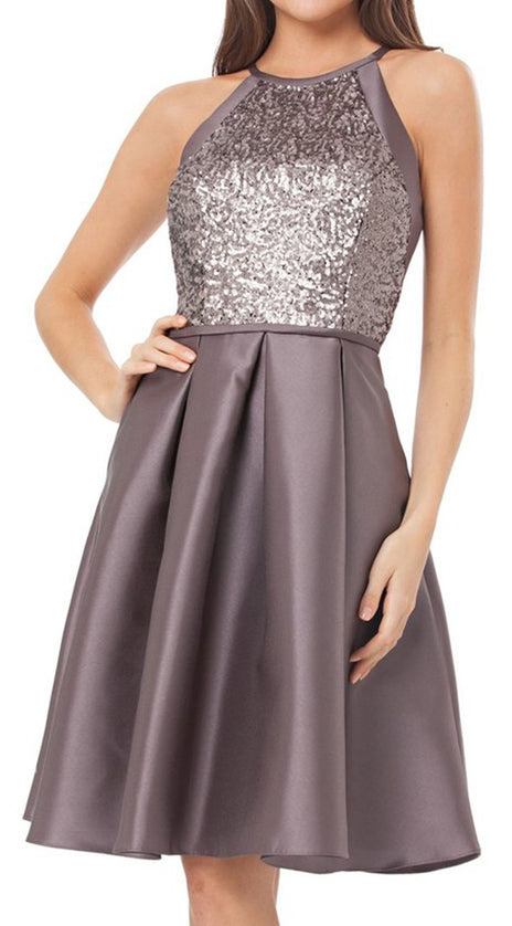 MACloth Halter Sequin Satin Gray Cocktail Dress Simple Mini Prom Homecoming Dress