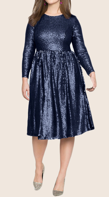 MACloth Long Sleeves Sequin Midi Cocktail Party Dress Dark Navy Formal Gown