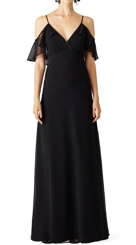 MACloth V Neck Off the Shoulder Chiffon Long Simple Prom Dress Black Formal Gown