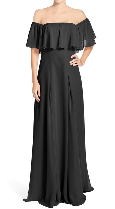 MACloth Off the Shoulder Chiffon Long Bridesmaid Dress Black Evening Formal Gown