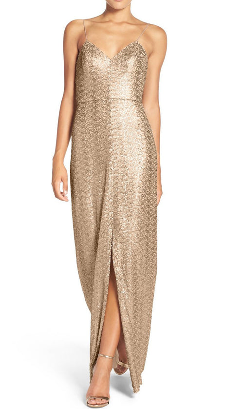 MACloth Straps V Neck Sequin Long Bridesmaid Dress Rose Gold Formal Gown