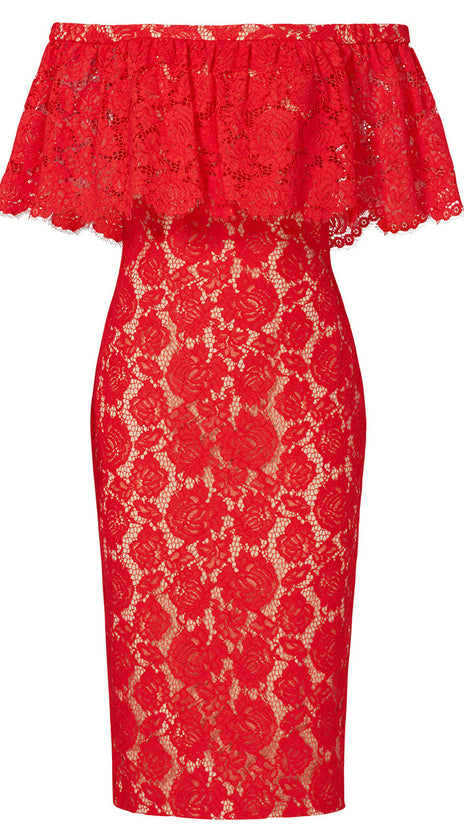 MACloth Off the Shoulder Lace Cocktail Dress Red Formal Evening Gown