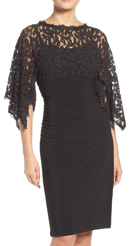 MACloth Half Sleeves Lace Jersey Cocktail Dress Black Formal Gown