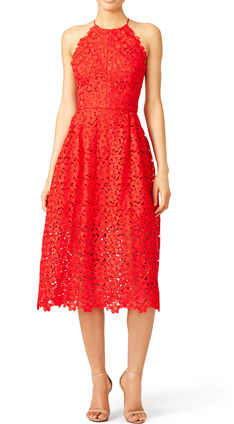 MACloth Straps V neck Lace Tea Length Cocktail Dress Red Formal Gown