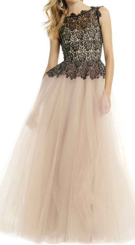 MACloth O Neck Lace Tulle Long Prom Dress Champagne Black Ball Gown