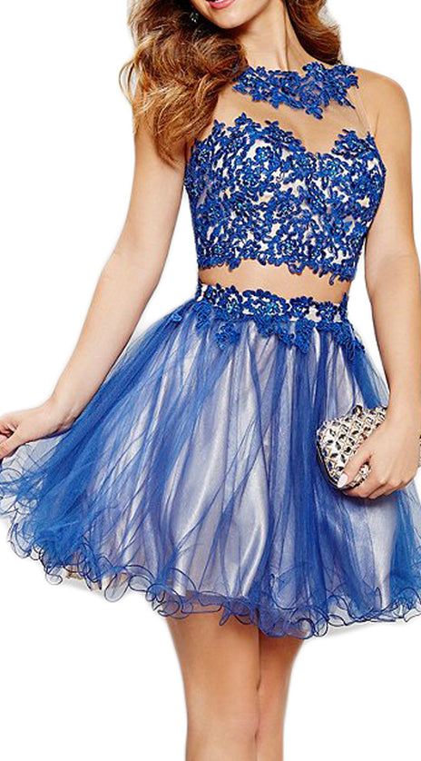 MACloth Straps Mini Prom Homecoming Dress Royal Blue Lace Formal Gown