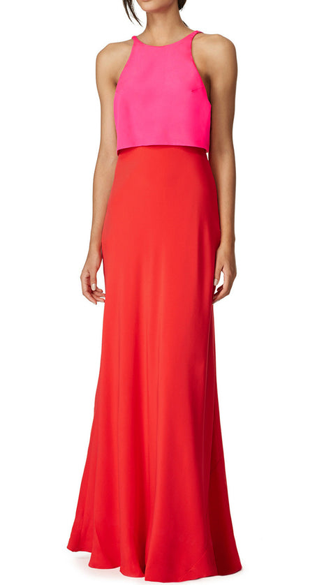 MACloth Two Piece Jersey Long Simple Prom Dress Red Fuchsia Formal Gown