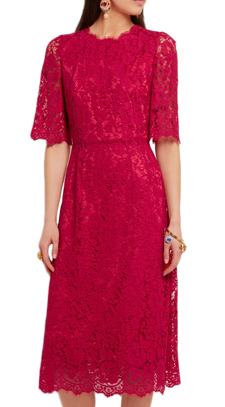 MACloth Half Sleeves Midi Cocktail Dress Luxury Lace Red Dress