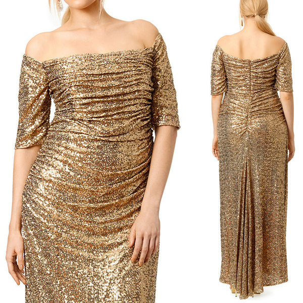 MACloth Off the Shoulder Sheath Sequin Gold Formal Gown Long Prom Dress