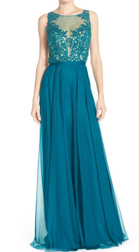 MACloth Straps Lace Long Prom Dress Chiffon Turquoise Formal Evening Gown