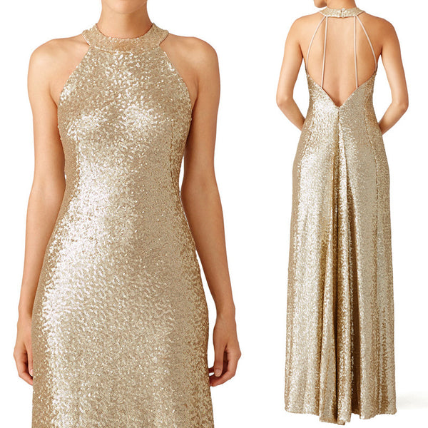 MACloth High Neck Sequin Evening Formal Gown Champagne Bridesmaid Dress