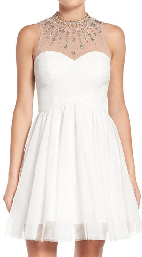 MACloth High Neck Crystal Tulle Short Prom Dress Ivory Cocktail Formal Gown