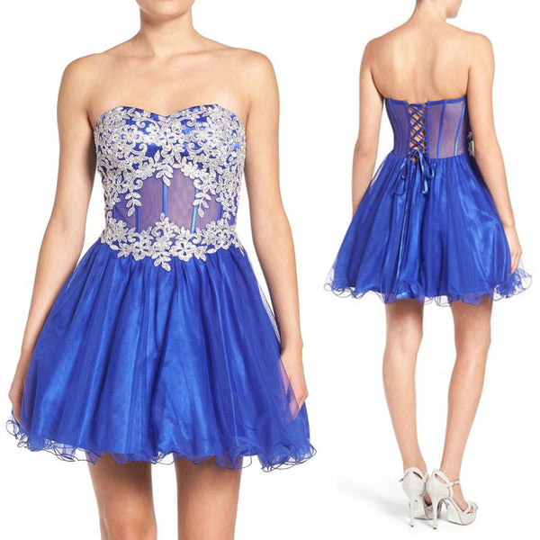 MACloth Strapless Sweetheart Tulle Mini Prom Dress Royal Blue Party Formal Gown