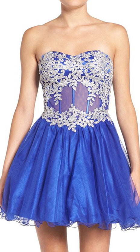MACloth Strapless Sweetheart Tulle Mini Prom Dress Royal Blue Party Formal Gown