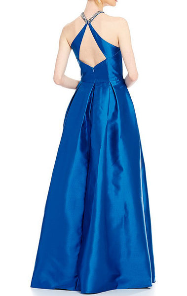 MACloth Halter Crystals Satin Long Prom Dress Royal Blue Ball Gown