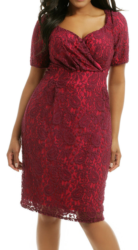 MACloth Short Sleeves Lace Midi Cocktail Dress Burgundy Plus Size Formal Gown