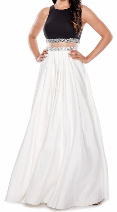 MACloth Two Piece Long Prom Dress Black White Satin Formal Evening Gown