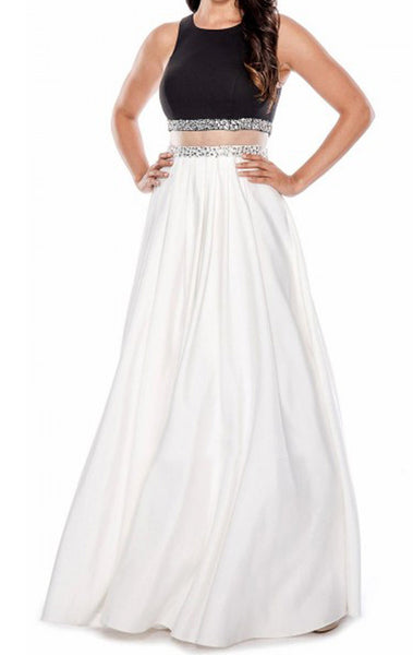 MACloth Two Piece Long Prom Dress Black White Satin Formal Evening Gown