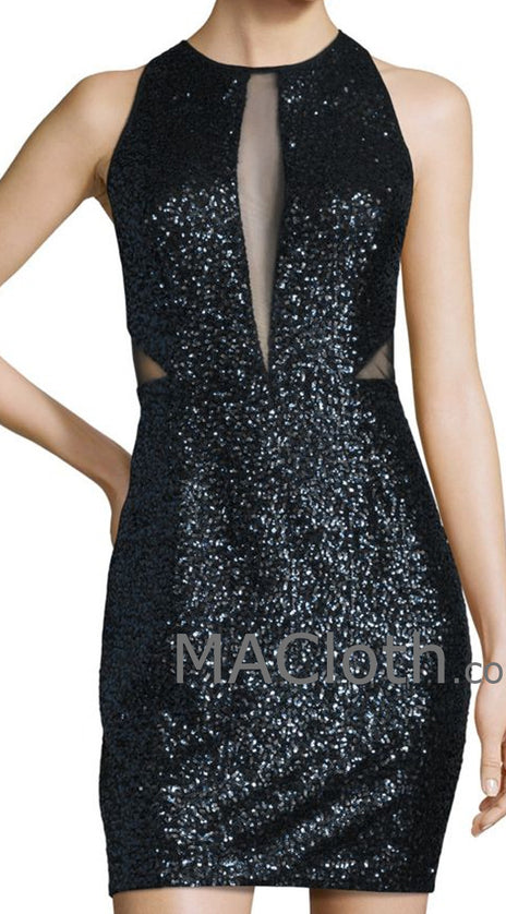 MACloth Women Straps Cut out Sequin Black Mini Cocktail Dress Formal Evening Gown