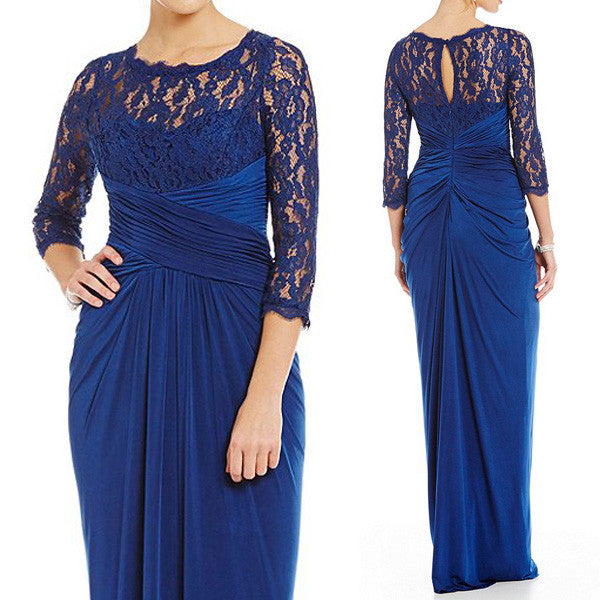MACloth 3/4 Sleeves Lace Chiffon Evening Gown Royal Blue Mother of the Brides Dress