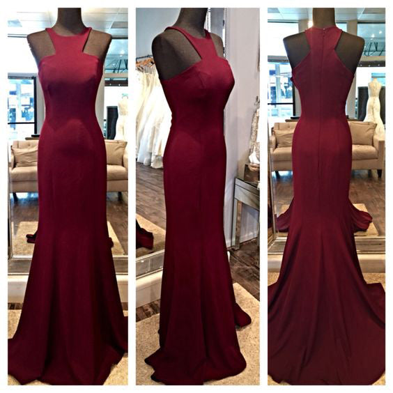 MACloth Straps O Neck Jersey Burgundy Prom Dress Evening Gown Wedding Party Formal Gown with Train